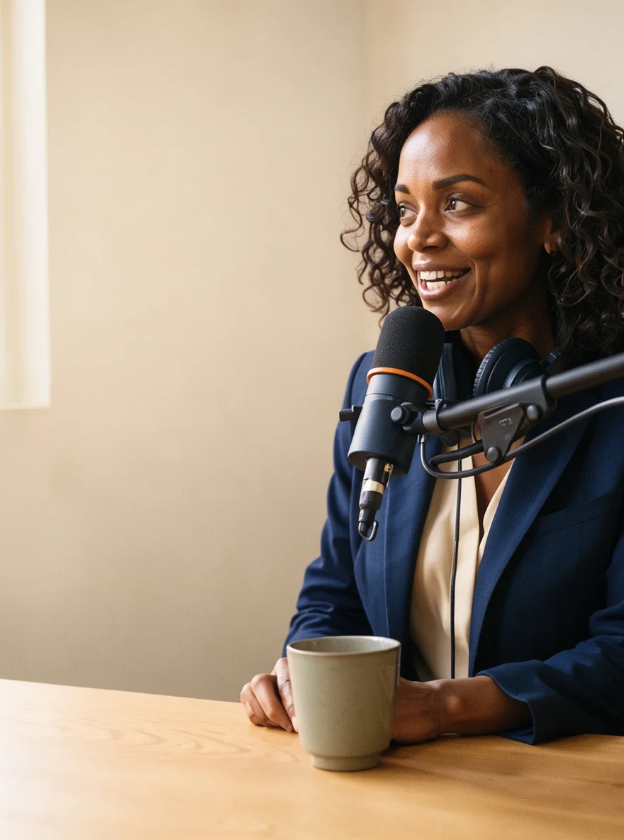 A coach recording her podcast at a desk by a window