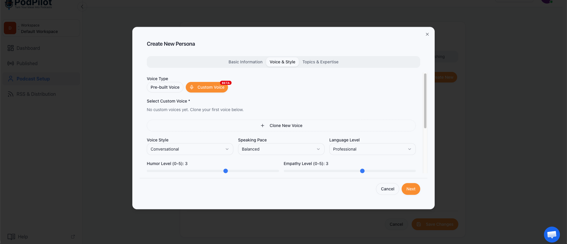 PodPilot voice selection screen