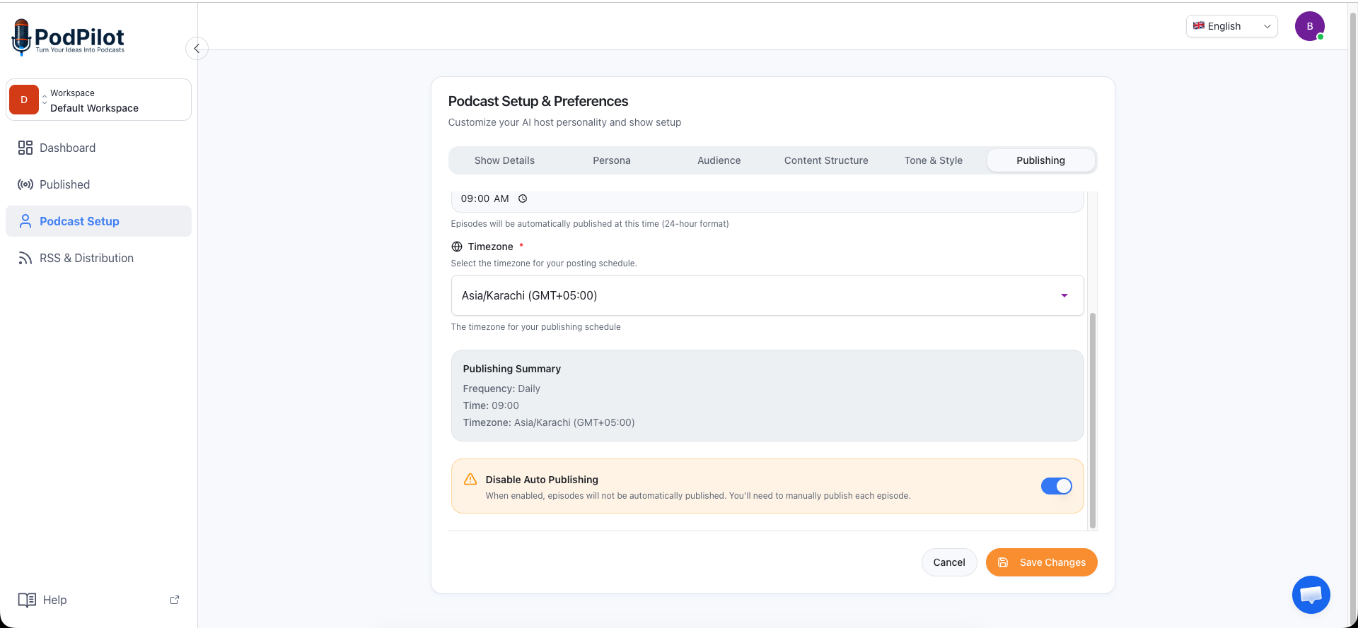 PodPilot audio editing screen